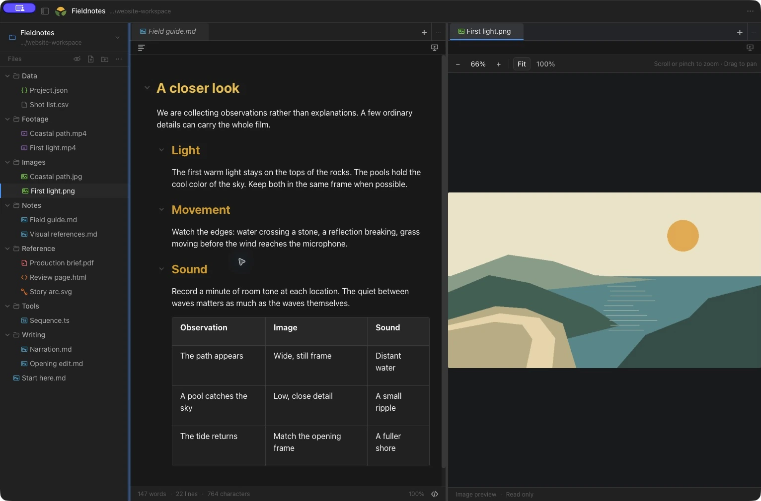 Glade on Mac in the Dark theme, with the Fieldnotes file browser, formatted Markdown notes and an image preview in split panes.